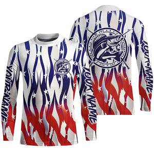 Flaming American Flag Custom Walleye Long Sleeve Fishing Shirts, Patriotic Walleye Fishing Jerseys IPHW5980