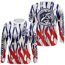 Load image into Gallery viewer, Flaming American Flag Custom Walleye Long Sleeve Fishing Shirts, Patriotic Walleye Fishing Jerseys IPHW5980