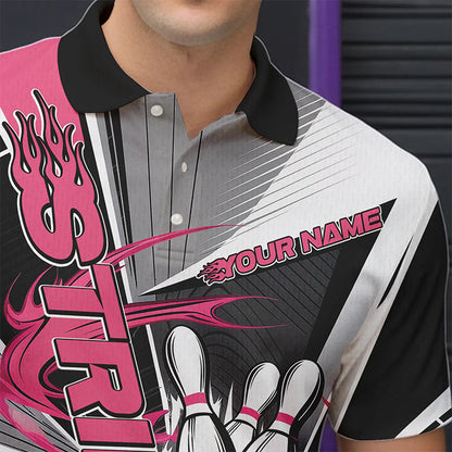 Custom Black And Pink Strike Bowling Men Polo Shirts, Bowling Team League Shirt With Name IPHW8758