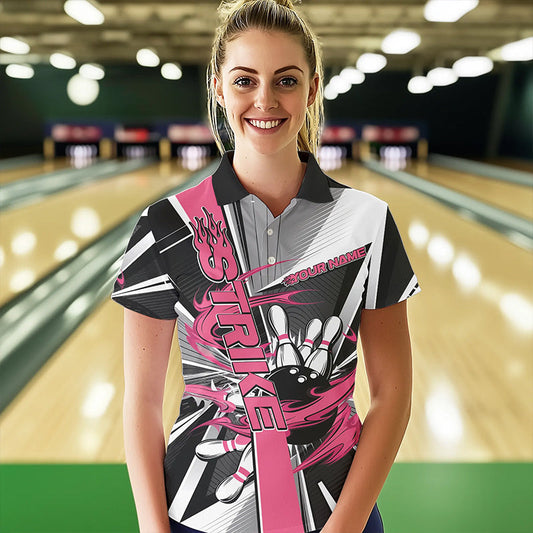 Custom Black And Pink Strike Bowling Women Polo Shirts, Bowling Team League Shirt With Name IPHW8758