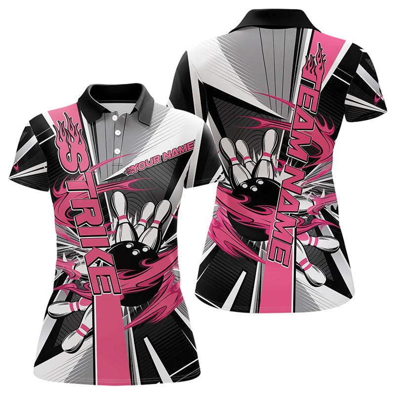 Custom Black And Pink Strike Bowling Women Polo Shirts, Bowling Team League Shirt With Name IPHW8758