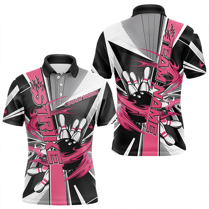 Custom Black And Pink Strike Bowling Men Polo Shirts, Bowling Team League Shirt With Name IPHW8758