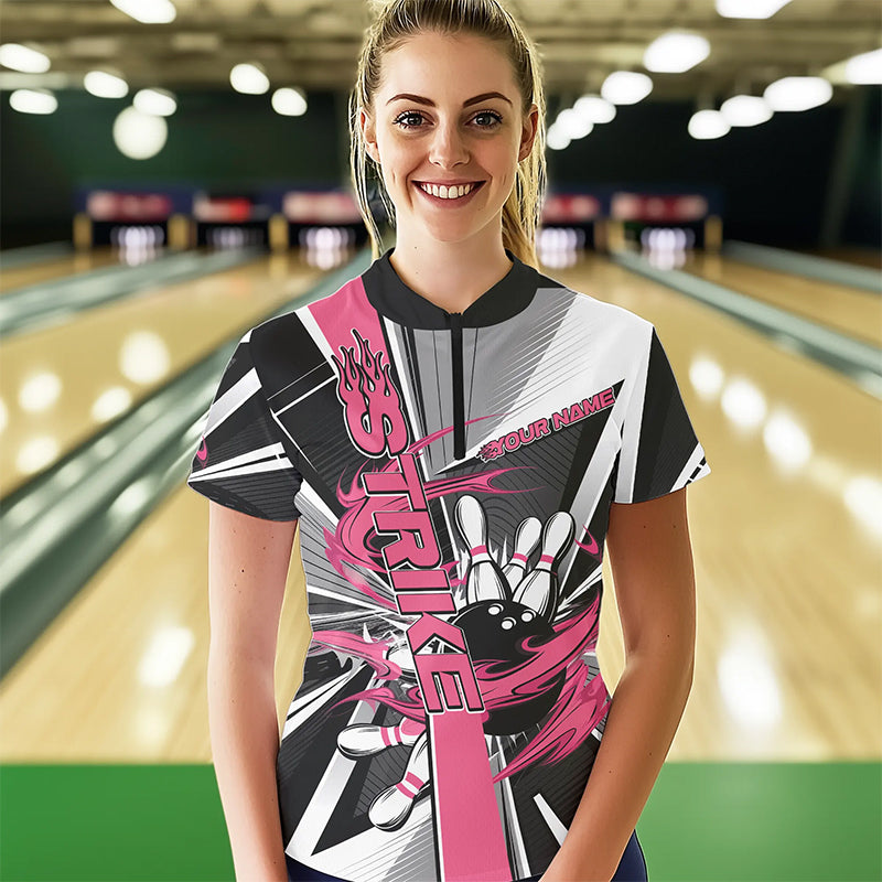 Custom Black And Pink Strike Bowling Women Quarter-Zip Shirts, Bowling Team Shirt With Name IPHW8758