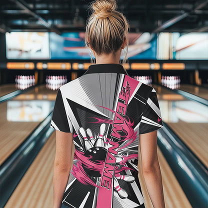 Custom Black And Pink Strike Bowling Women Quarter-Zip Shirts, Bowling Team Shirt With Name IPHW8758