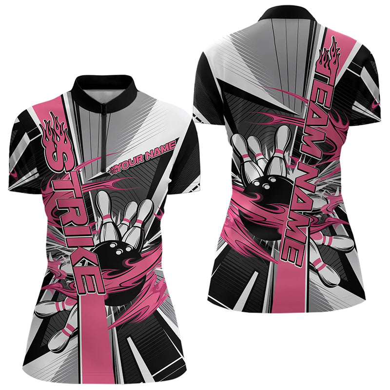 Custom Black And Pink Strike Bowling Women Quarter-Zip Shirts, Bowling Team Shirt With Name IPHW8758
