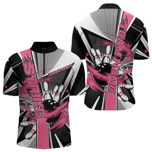 Custom Black And Pink Strike Bowling Men Quarter-Zip Shirts, Bowling Team League Shirt With Name IPHW8758