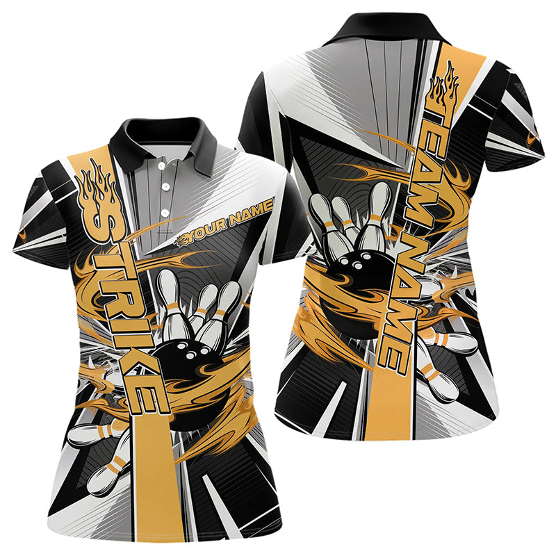 Custom Black And Yellow Strike Bowling Women Polo Shirts, Bowling Team Shirt With Name IPHW8759