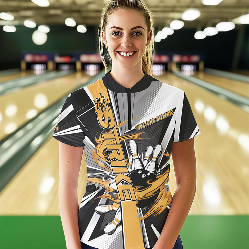 Custom Black And Yellow Strike Bowling Women Quarter-Zip Shirts, Bowling Team Uniform IPHW8759
