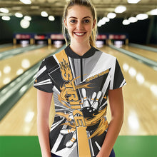 Load image into Gallery viewer, Custom Black And Yellow Strike Bowling Women Quarter-Zip Shirts, Bowling Team Uniform IPHW8759