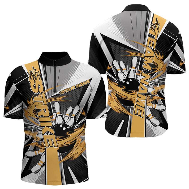 Custom Black And Yellow Strike Bowling Men Quarter-Zip Shirts, Bowling Team League Shirt With Name IPHW8759