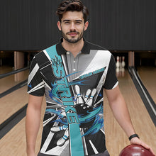 Load image into Gallery viewer, Custom Black And Blue Strike Bowling Men Polo Shirts, Bowling Team League Shirt With Name IPHW8760
