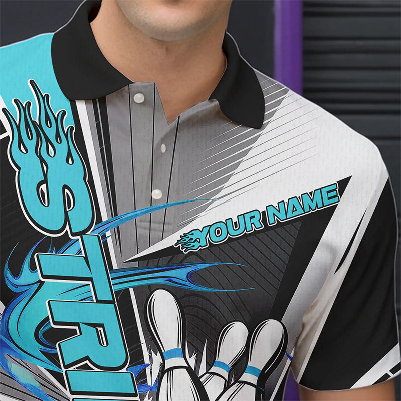 Custom Black And Blue Strike Bowling Men Polo Shirts, Bowling Team League Shirt With Name IPHW8760