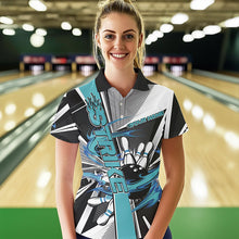 Load image into Gallery viewer, Custom Black And Blue Strike Bowling Women Polo Shirts, Bowling Team League Shirt With Name IPHW8760