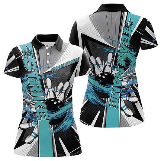 Custom Black And Blue Strike Bowling Women Polo Shirts, Bowling Team League Shirt With Name IPHW8760
