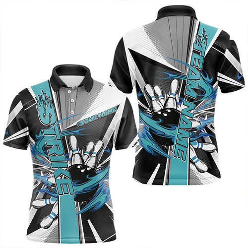 Custom Black And Blue Strike Bowling Men Polo Shirts, Bowling Team League Shirt With Name IPHW8760