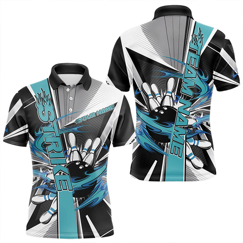 Custom Black And Blue Strike Bowling Men Polo Shirts, Bowling Team League Shirt With Name IPHW8760