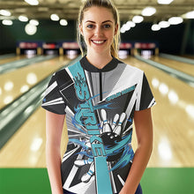 Load image into Gallery viewer, Custom Black And Blue Strike Bowling Women Quarter-Zip Shirts, Bowling Team League Shirt IPHW8760