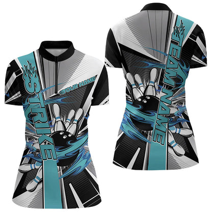 Custom Black And Blue Strike Bowling Women Quarter-Zip Shirts, Bowling Team League Shirt IPHW8760