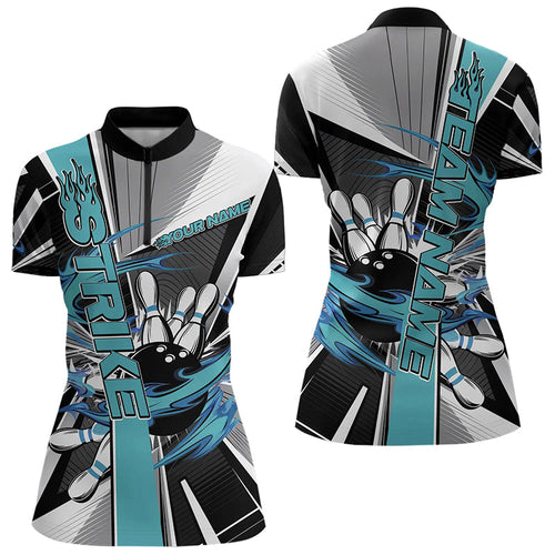 Custom Black And Blue Strike Bowling Women Quarter-Zip Shirts, Bowling Team League Shirt IPHW8760