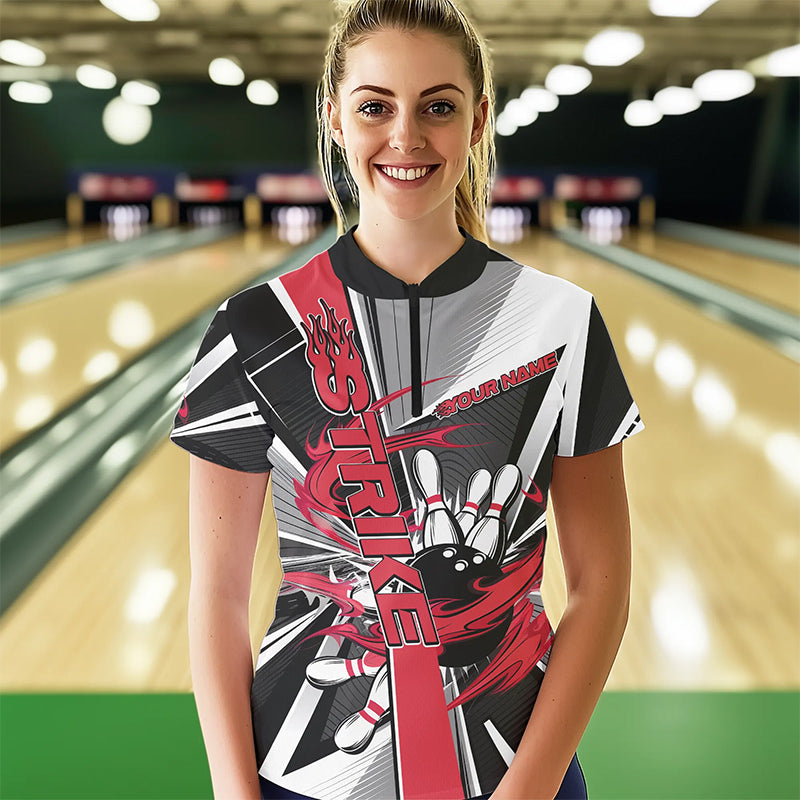 Custom Black And Red Strike Bowling Women Quarter-Zip Shirts, Bowling Team League Shirt IPHW8761