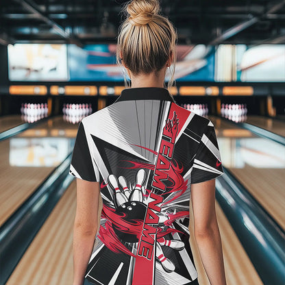 Custom Black And Red Strike Bowling Women Quarter-Zip Shirts, Bowling Team League Shirt IPHW8761