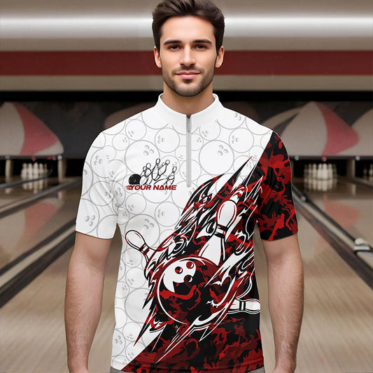Custom Red Camouflage Bowling Quarter-Zip Shirts For Men, Camo Bowling Team Uniform Bowler Outfit IPHW8771