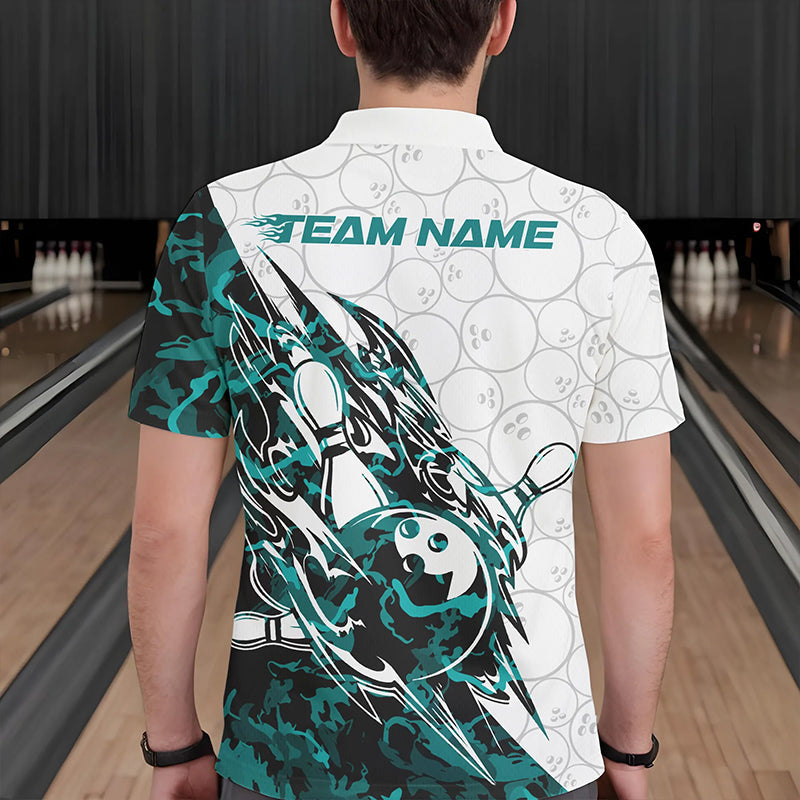 Custom Turquoise Blue Camouflage Bowling Polo Shirts For Men, Bowling Team Uniform Bowler Outfit IPHW8772