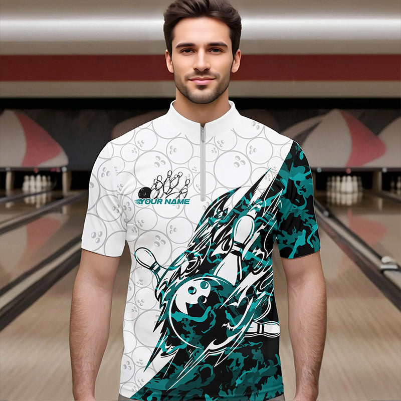 Custom Turquoise Blue Camouflage Bowling Men Quarter-Zip Shirts, Bowling Team Uniform Bowler Outfit IPHW8772