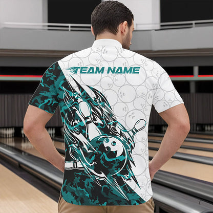 Custom Turquoise Blue Camouflage Bowling Men Quarter-Zip Shirts, Bowling Team Uniform Bowler Outfit IPHW8772