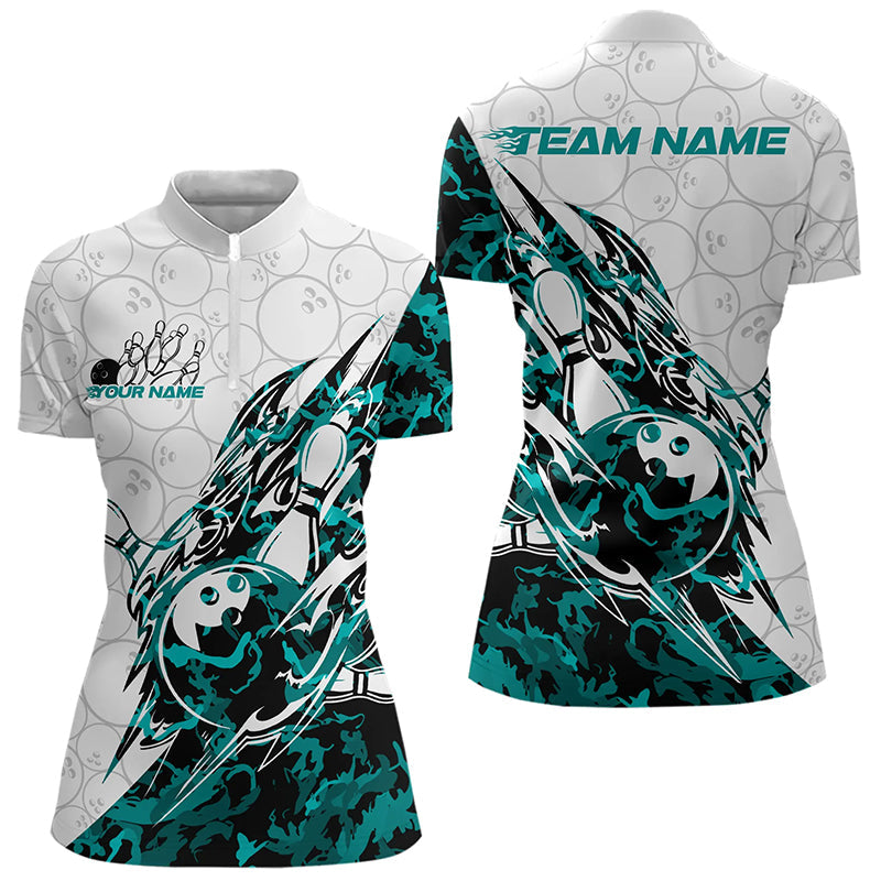 Custom Turquoise Blue Camouflage Bowling Quarter-Zip Shirts For Women, Bowling Team Uniform IPHW8772