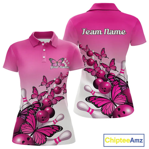 Custom Pink Gradient Butterfly Bowling Women Polo Shirts For Team, Bowling League Shirt IPHW9005