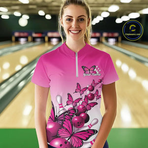 Custom Pink Gradient Butterfly Bowling Women Quarter-Zip Shirt Team, Bowling League Shirt IPHW9005