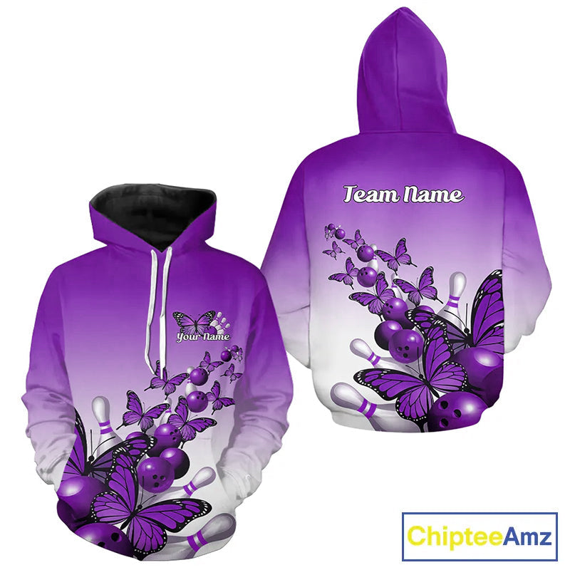 Custom Purple Gradient Butterfly Bowling Men And Women Hoodie Shirts For Team, Bowling League Shirt IPHW9006