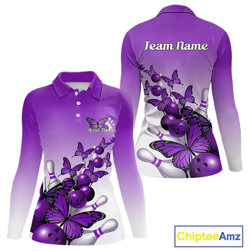 Custom Purple Gradient Butterfly Bowling Women Long Sleeve Polo Shirt, Bowling League Shirt IPHW9006