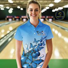 Load image into Gallery viewer, Custom Blue Gradient Butterfly Bowling Women Polo Shirts For Team, Bowling League Shirt IPHW9007