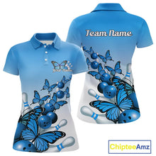 Load image into Gallery viewer, Custom Blue Gradient Butterfly Bowling Women Polo Shirts For Team, Bowling League Shirt IPHW9007