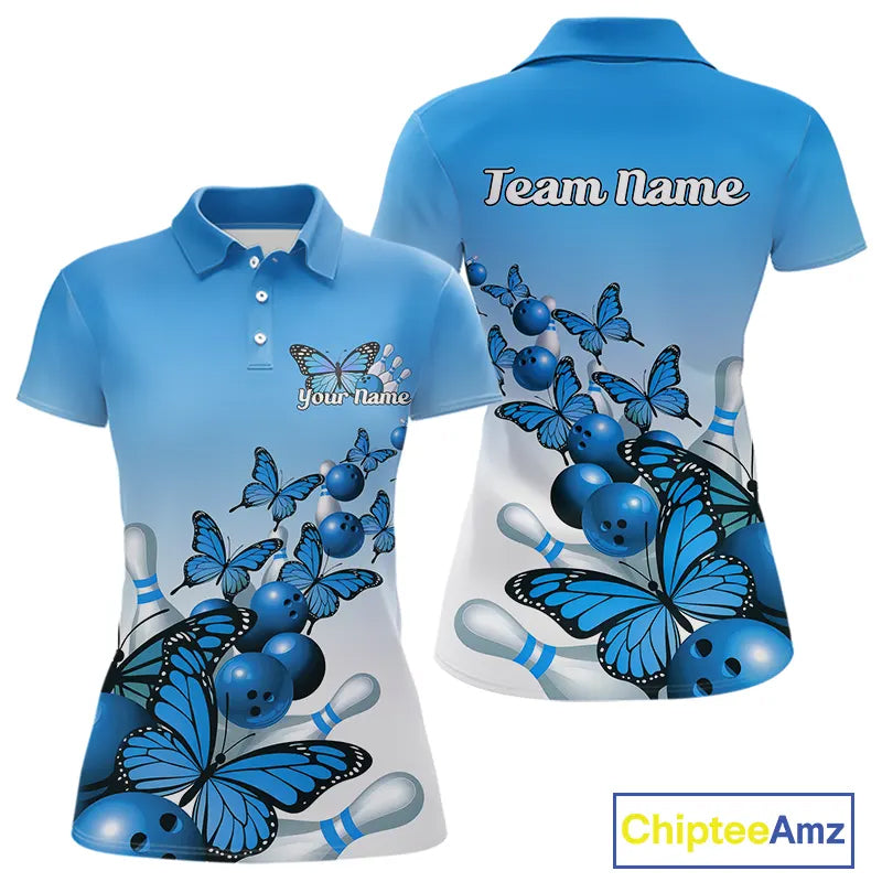 Custom Blue Gradient Butterfly Bowling Women Polo Shirts For Team, Bowling League Shirt IPHW9007
