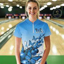 Load image into Gallery viewer, Custom Blue Gradient Butterfly Bowling Women Quarter-Zip Shirt, Bowling League Shirt IPHW9007