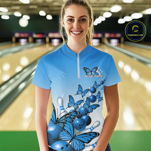 Custom Blue Gradient Butterfly Bowling Women Quarter-Zip Shirt, Bowling League Shirt IPHW9007