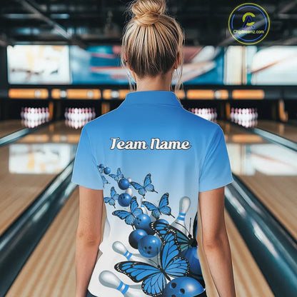 Custom Blue Gradient Butterfly Bowling Women Quarter-Zip Shirt, Bowling League Shirt IPHW9007