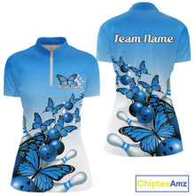 Load image into Gallery viewer, Custom Blue Gradient Butterfly Bowling Women Quarter-Zip Shirt, Bowling League Shirt IPHW9007