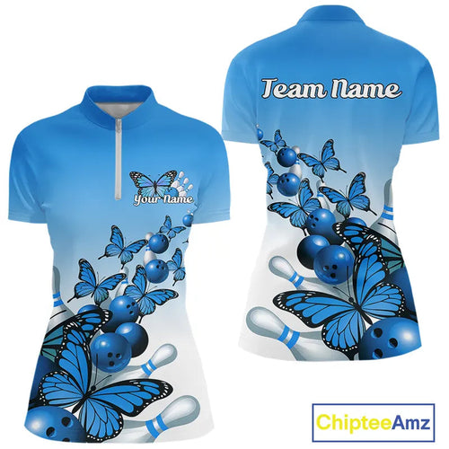 Custom Blue Gradient Butterfly Bowling Women Quarter-Zip Shirt, Bowling League Shirt IPHW9007