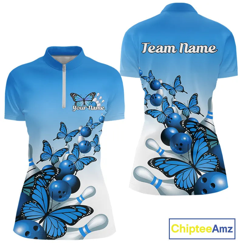 Custom Blue Gradient Butterfly Bowling Women Quarter-Zip Shirt, Bowling League Shirt IPHW9007