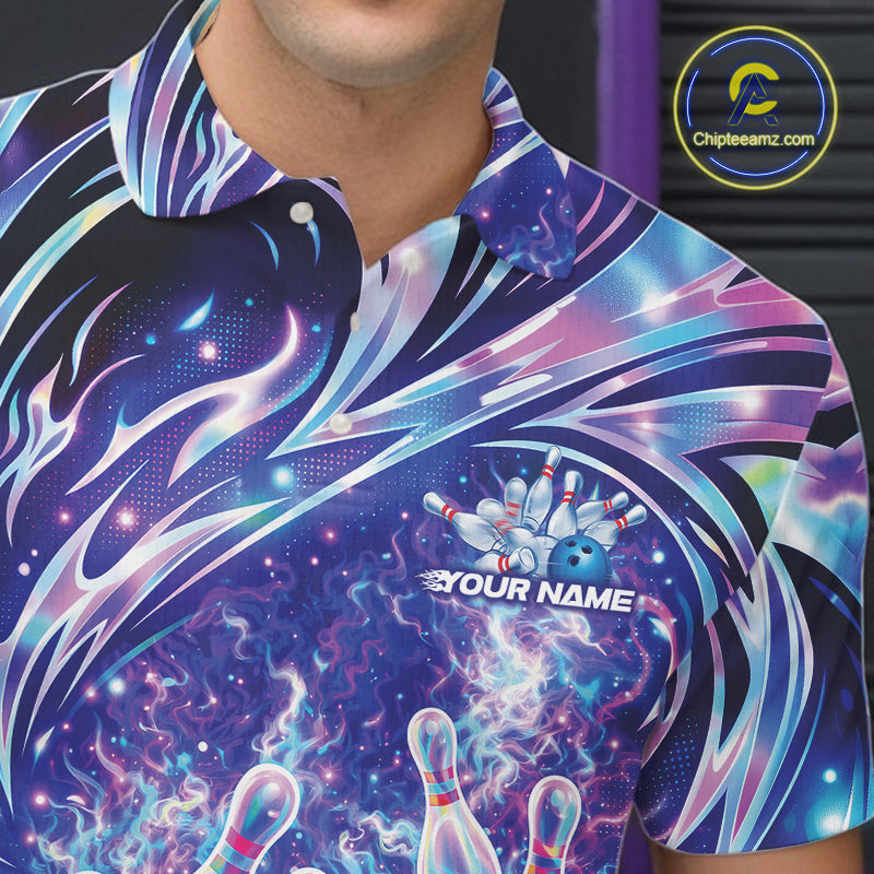 Close-up of the left chest area featuring a galaxy-themed bowling ball and pin illustration on a bowling polo.