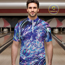 Load image into Gallery viewer, Male model in bowling lane wearing quarter-zip shirt with galaxy bowling ball hitting pins dynamic sports artwork