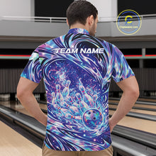 Load image into Gallery viewer, Front view male model in bowling lane wearing quarter-zip shirt featuring galaxy bowling ball striking pins design