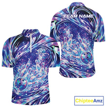 Load image into Gallery viewer, Front and back view of a men’s quarter-zip bowling shirt featuring galaxy bowling ball striking pins cosmic illustration
