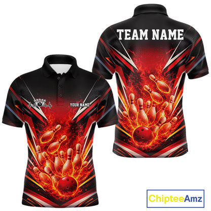 Front and back mens bowling polo in black and red featuring a flaming bowling ball striking pins with fiery sports-inspired graphics.