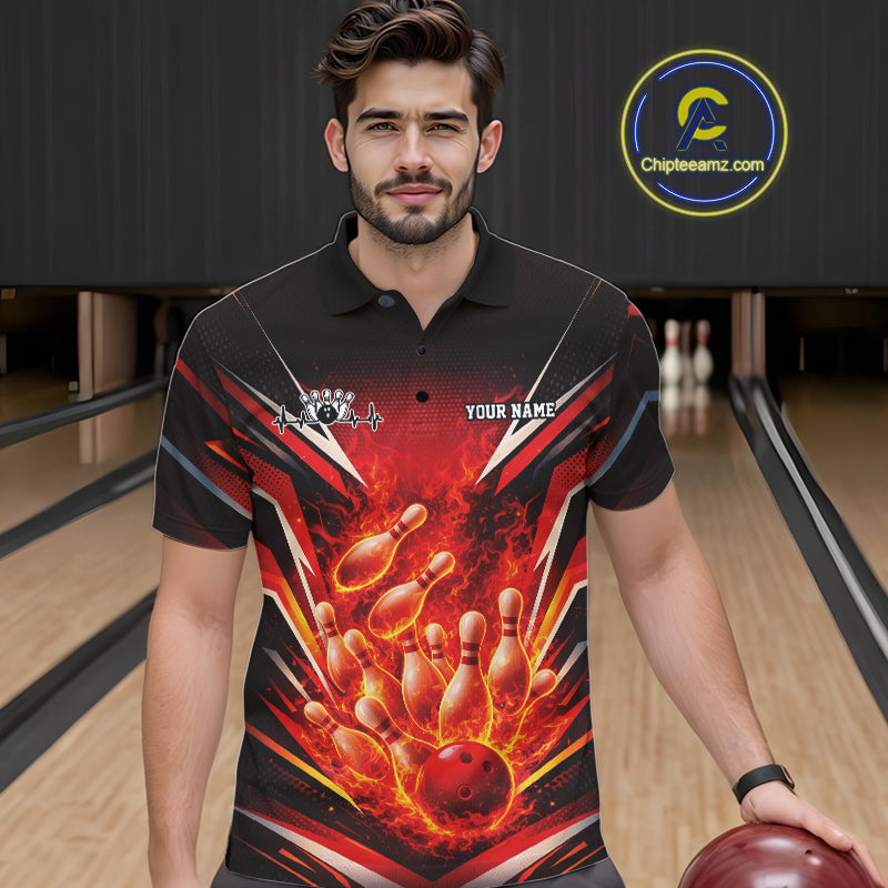 Male model wearing a black and red bowling polo inside a bowling center with explosive bowling strike artwork.