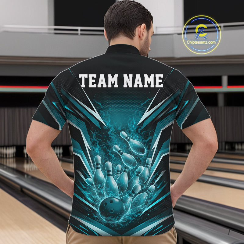 Front view male model in bowling lane wearing quarter-zip shirt featuring flaming bowling ball striking pins turquoise blue explosive fire design